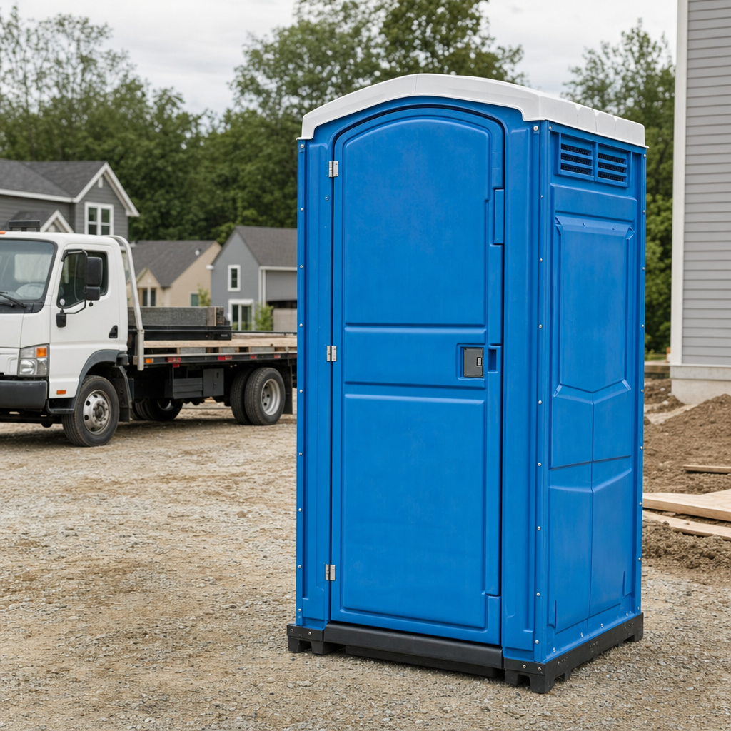 Delivery driver positioning a clean royal-blue portable toilet on level ground at a Mission Viejo worksite