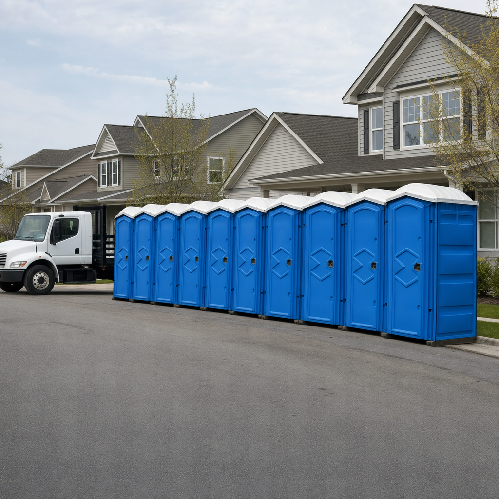 Royal blue portable toilets staged in a tidy row at a Mission Viejo jobsite, ready for delivery